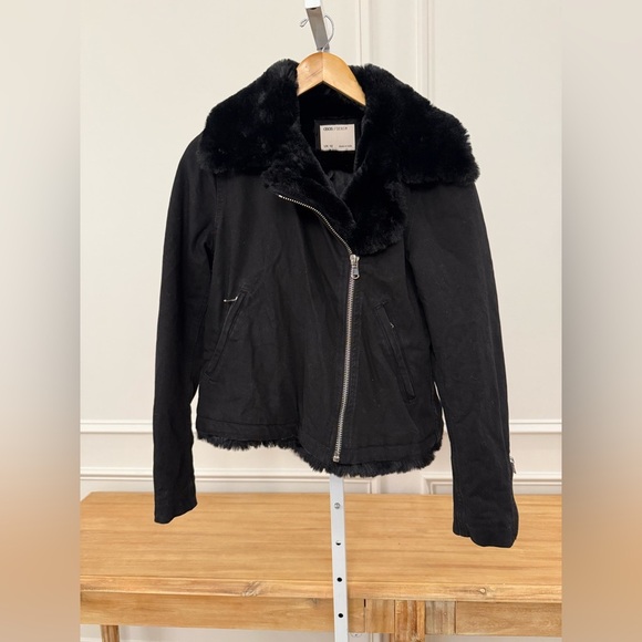 ASOS Black Denim Moto Jacket with Faux Fur Collar - Picture 1 of 11